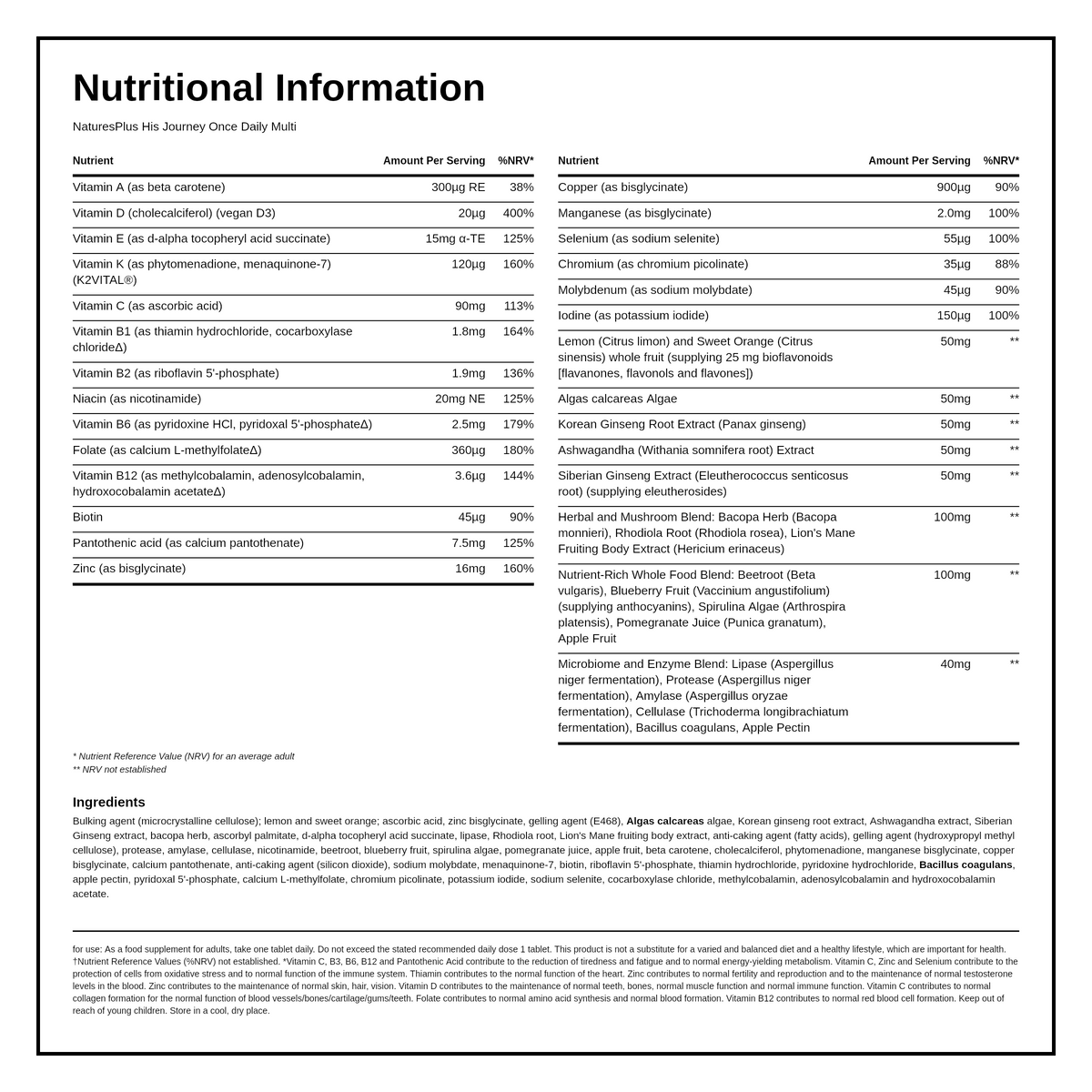 Natures Plus His Journey Once Daily Multi — nutrition information panel, generated from the pack