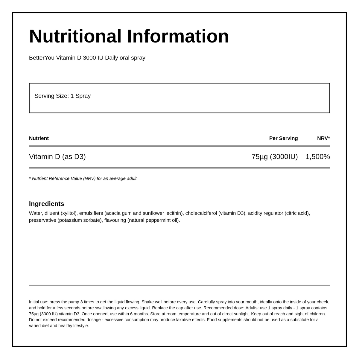 BetterYou D3000 Vitamin D Daily Oral Spray — nutrition information panel, generated from the pack