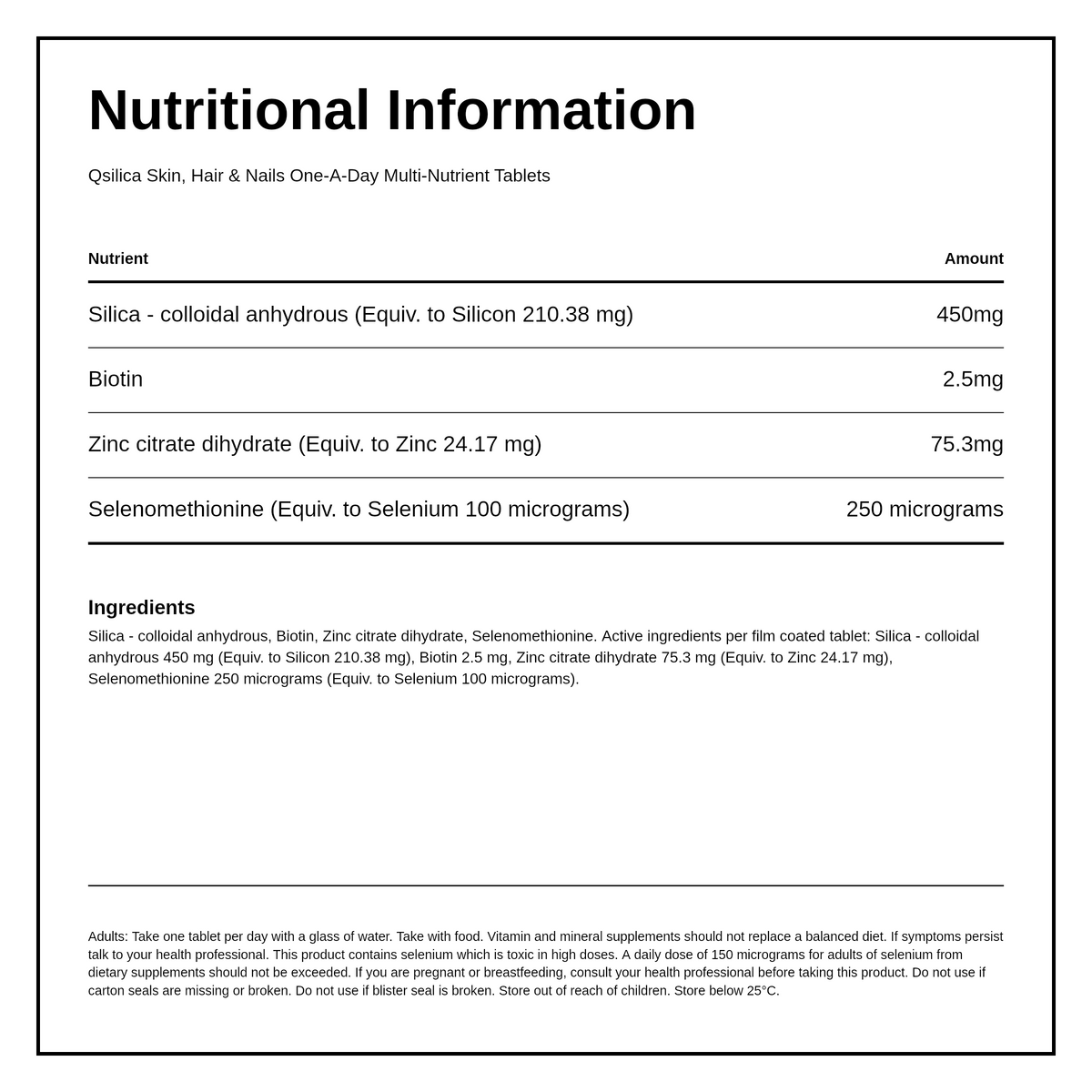 Qsilica One-A-Day Skin Hair & Nails — nutrition information panel, generated from the pack