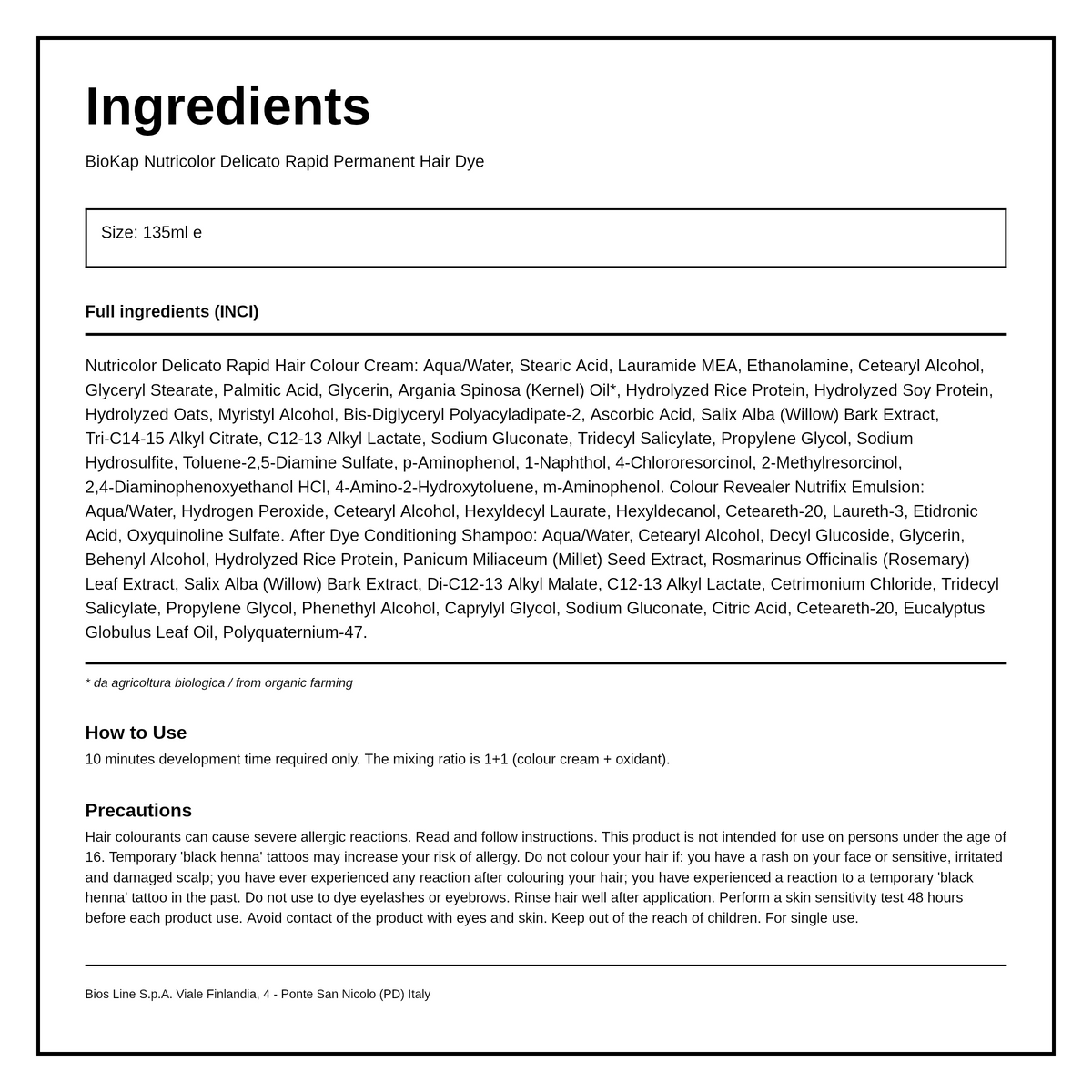 BioKap Natural Medium Blond 7.0 Rapid Permanent Hair Dye — ingredients (INCI) panel, generated from the pack