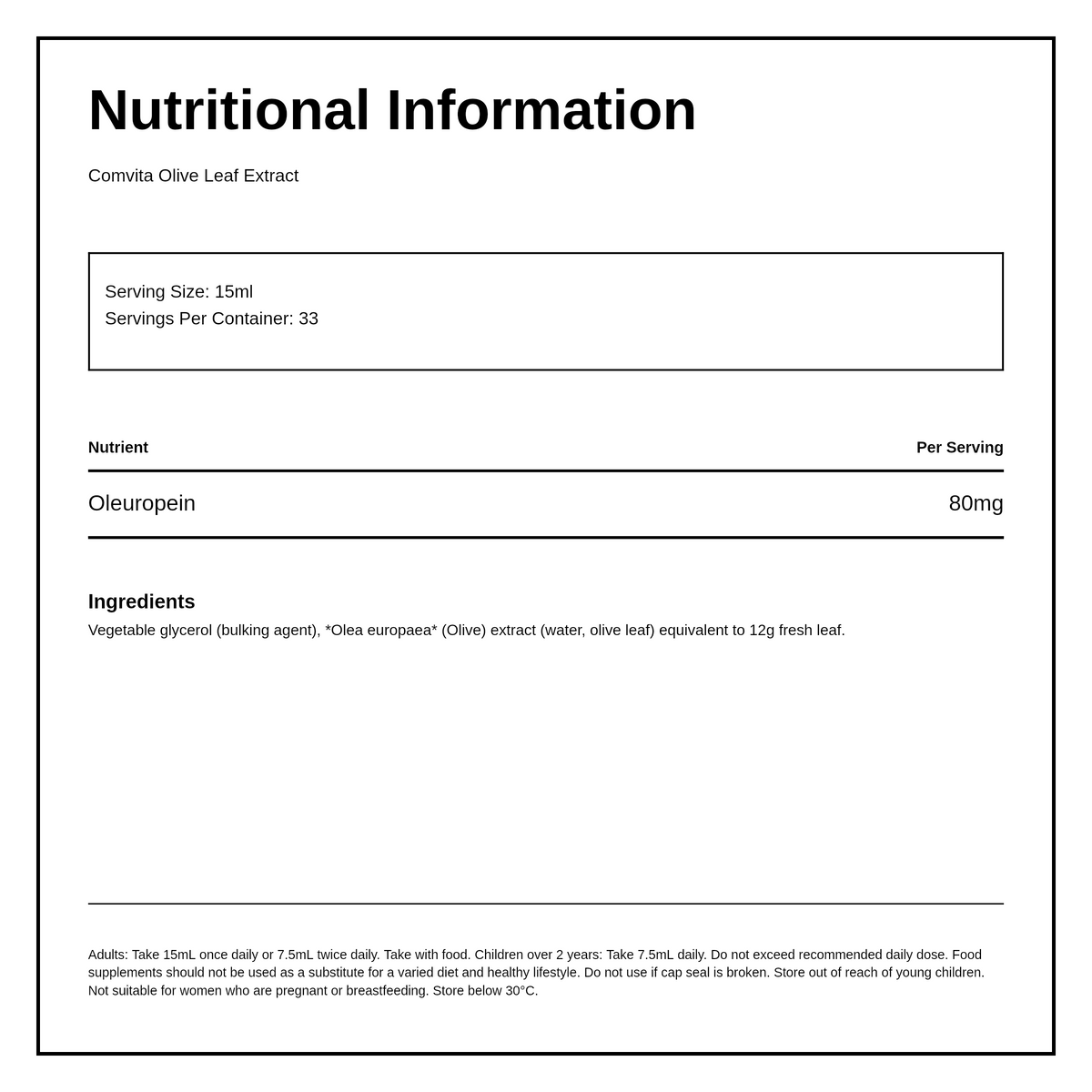 Comvita Olive Leaf Extract — nutrition information panel, generated from the pack