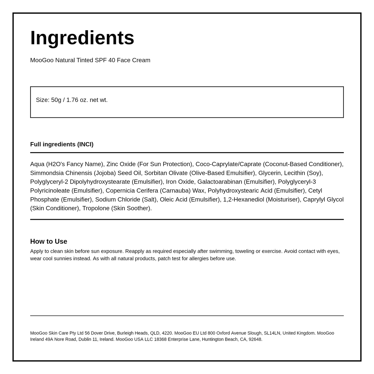 MooGoo Natural Tinted SPF40 Face Cream — ingredients (INCI) panel, generated from the pack
