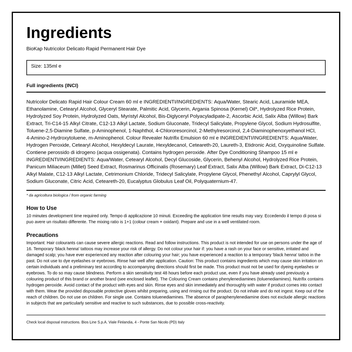 BioKap Dark Golden Blond 6.3 Hair Dye — ingredients (INCI) panel, generated from the pack