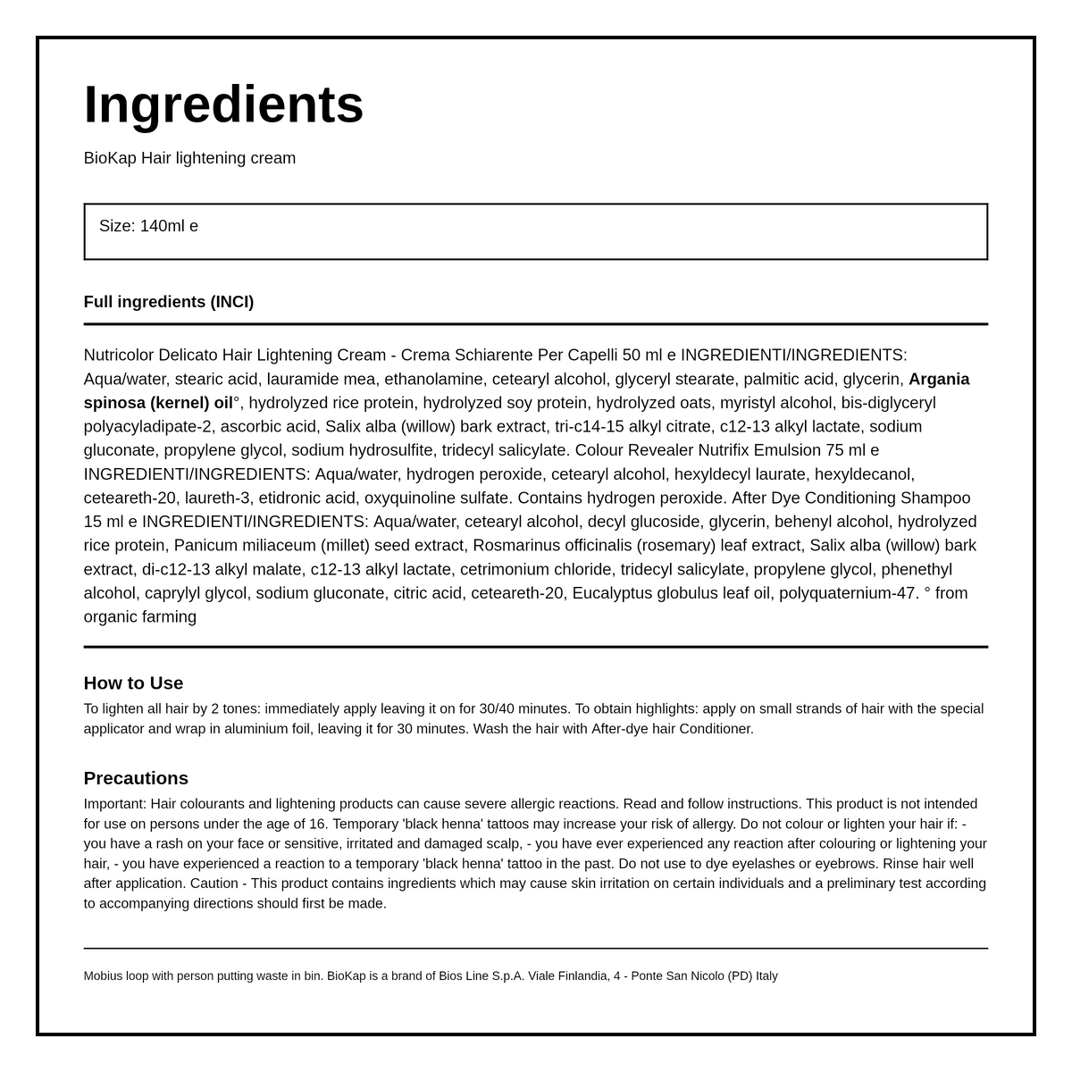 BioKap Hair Lightening Cream Permanent — ingredients (INCI) panel, generated from the pack