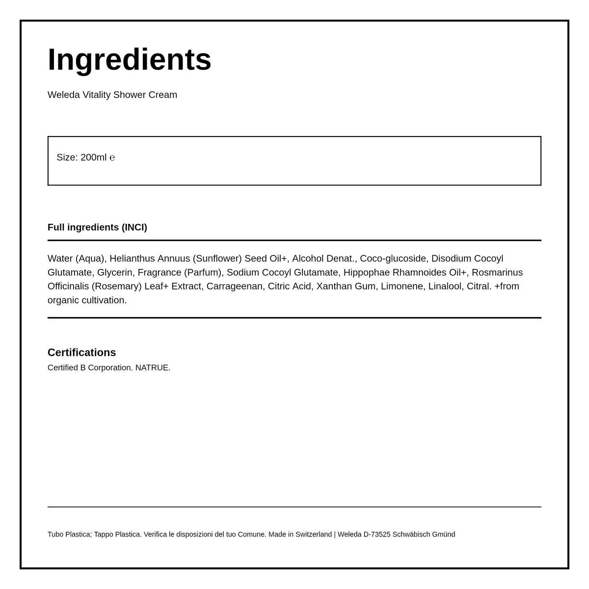 Weleda Sea Buckthorn Creamy Body Wash — ingredients (INCI) panel, generated from the pack