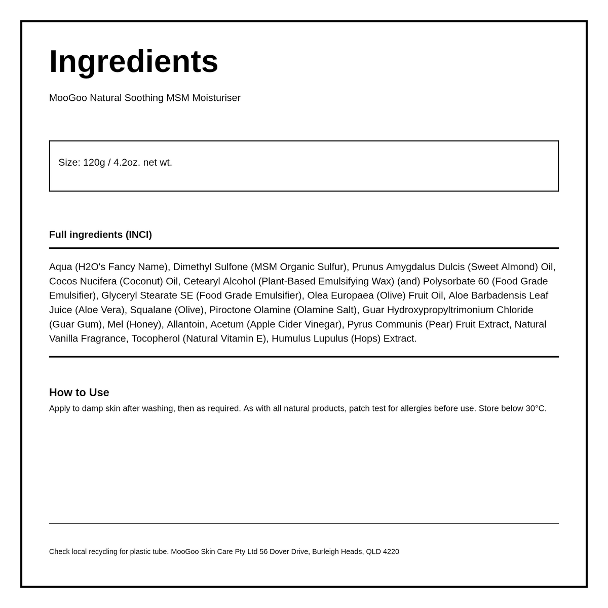 MooGoo Soothing MSM Moisturiser — ingredients (INCI) panel, generated from the pack