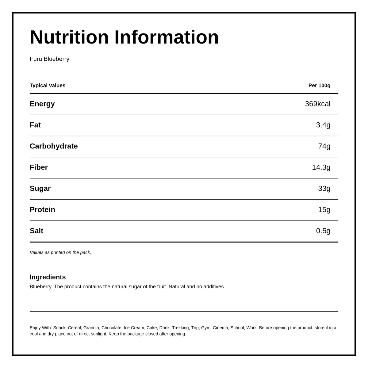 Furu Blueberries freeze dried — nutrition information panel, generated from the pack