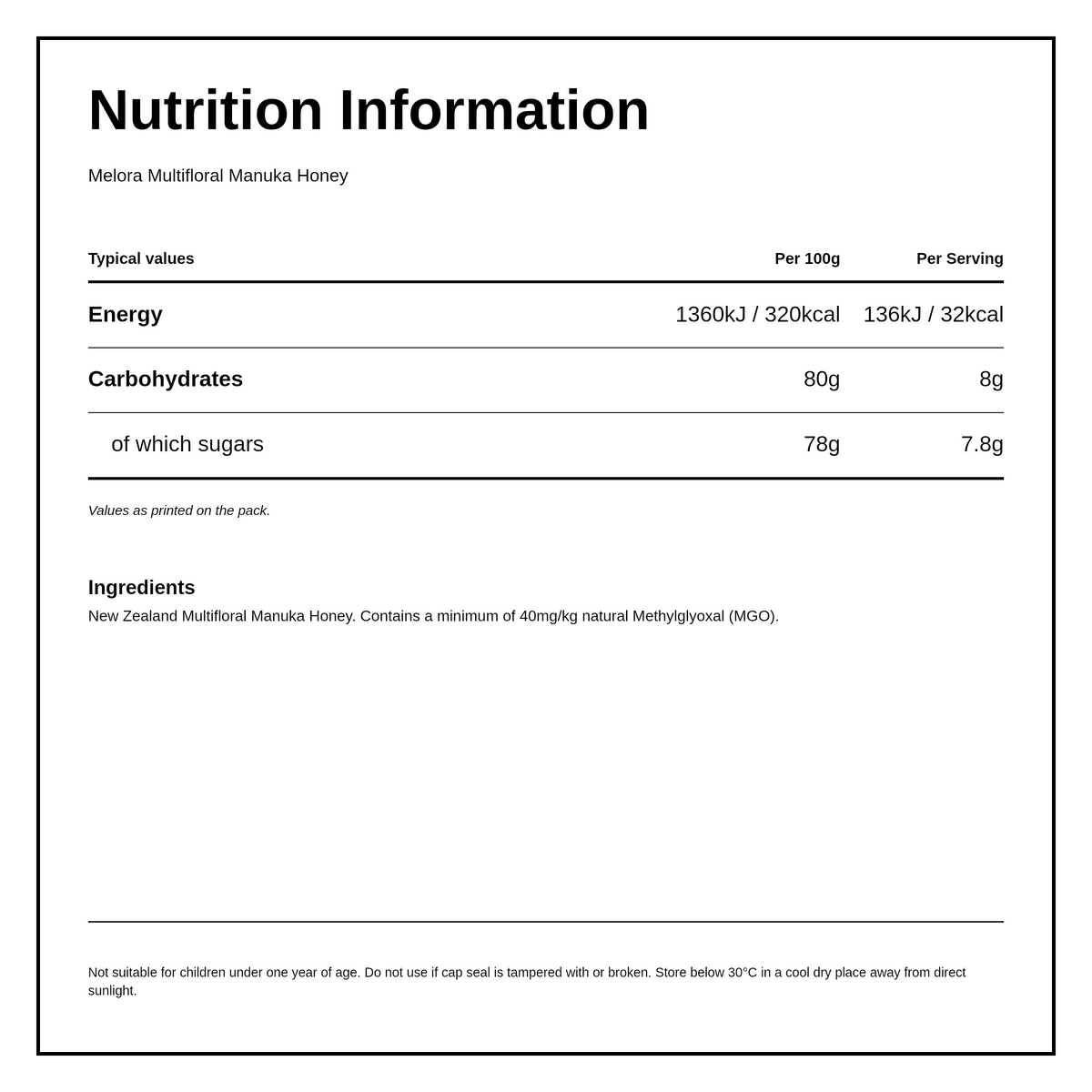 MELORA Manuka Honey 40+MGO — nutrition information panel, generated from the pack