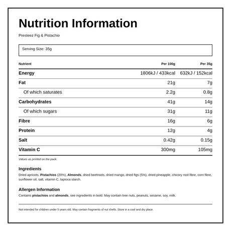 Presteez Fig & Pistachio Bar — nutrition information panel, generated from the pack