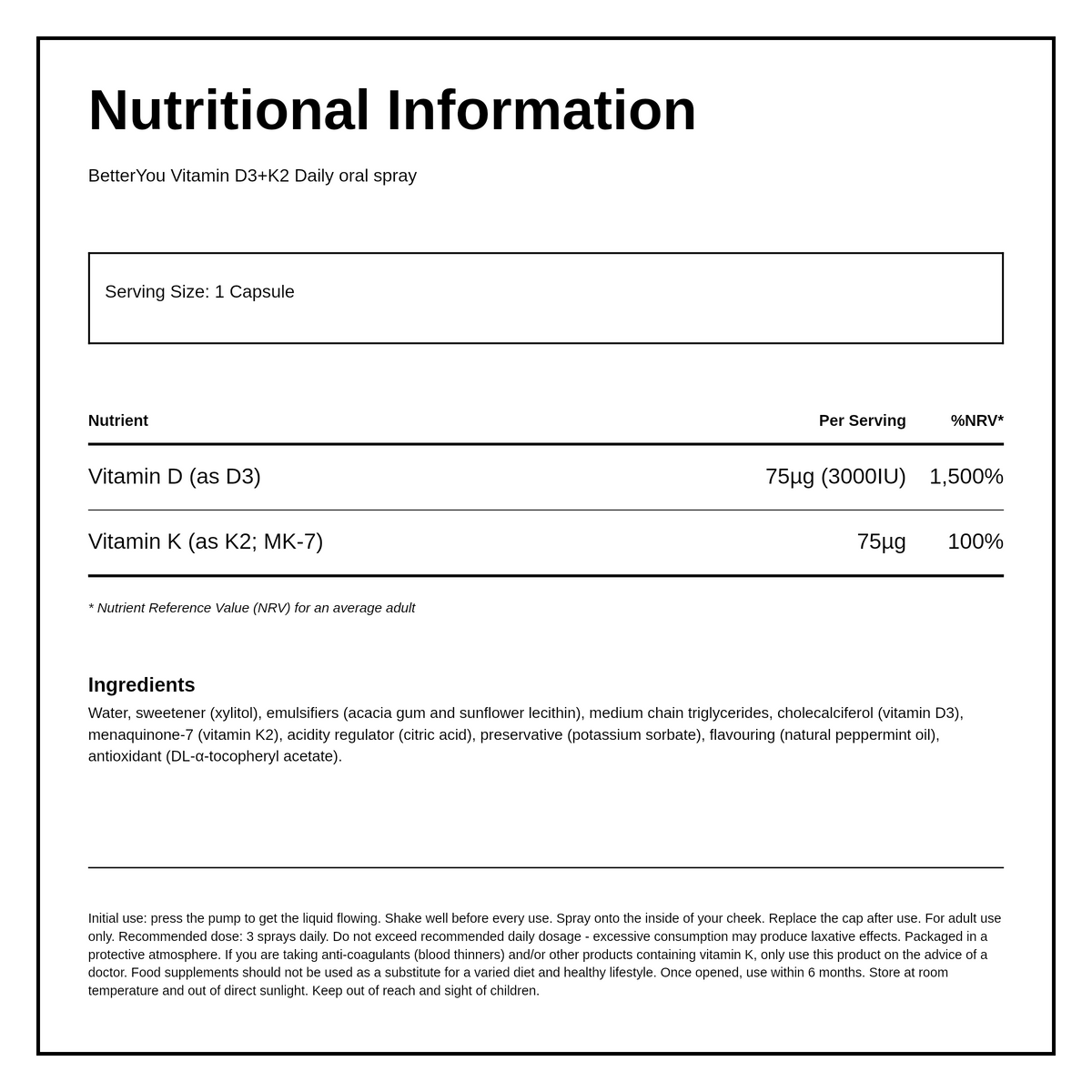 BetterYou D3000+K2 Vitamin D + K2 Daily Oral Spray — nutrition information panel, generated from the pack