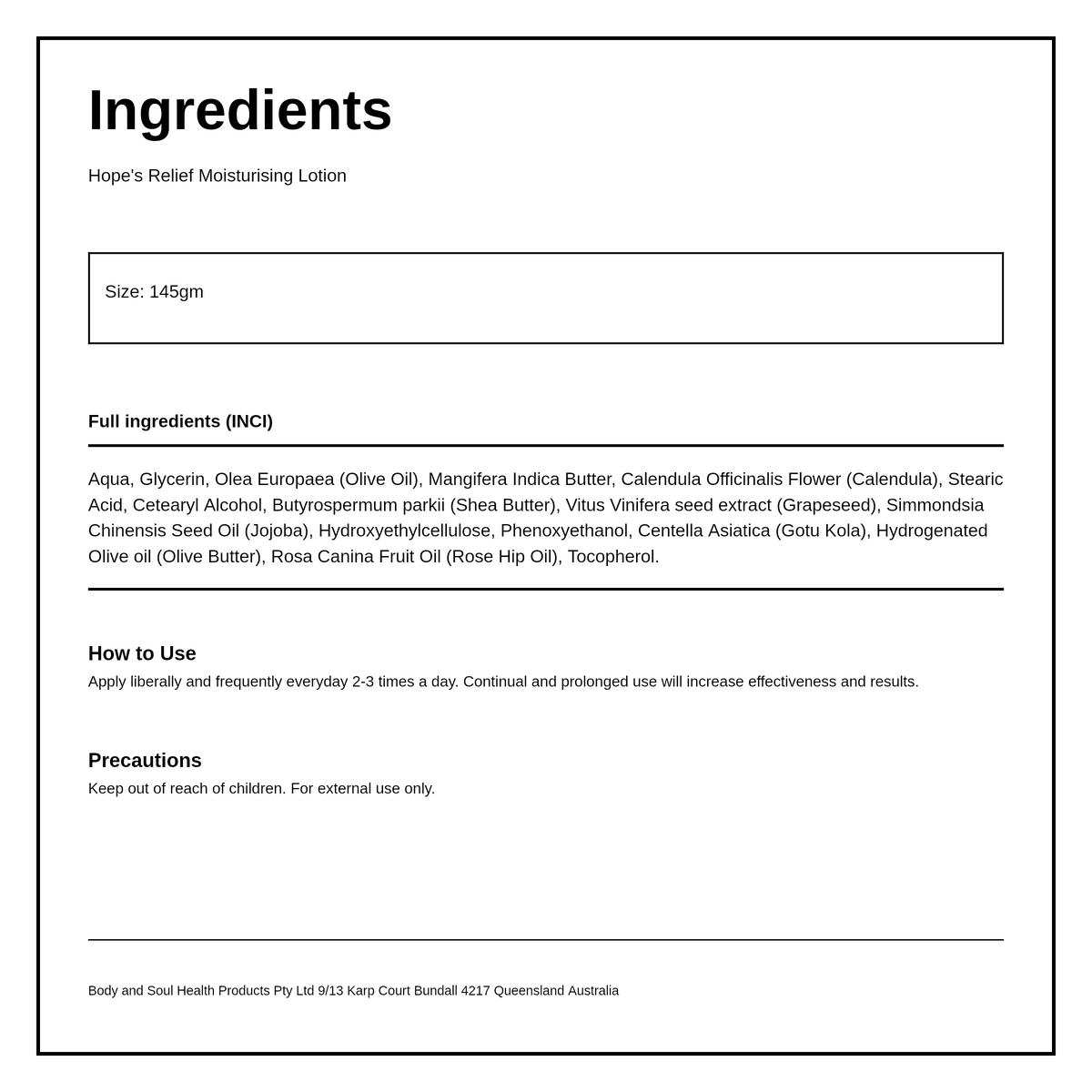 Hopes Relief Moisturising Lotion — ingredients (INCI) panel, generated from the pack