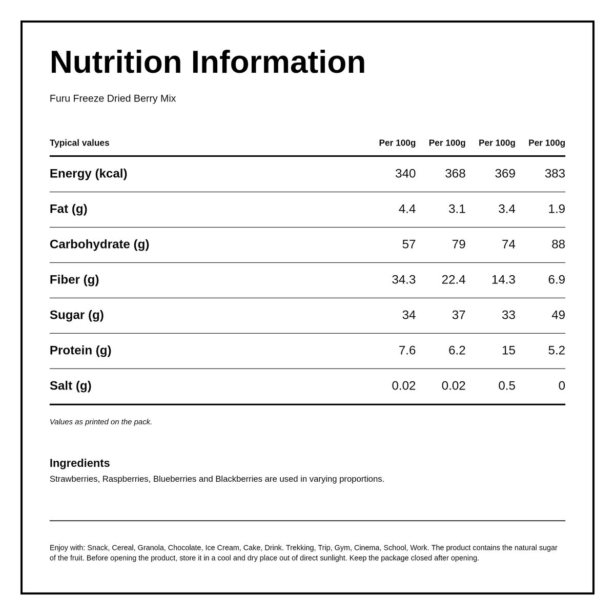Furu Berry Mix Crisps — nutrition information panel, generated from the pack