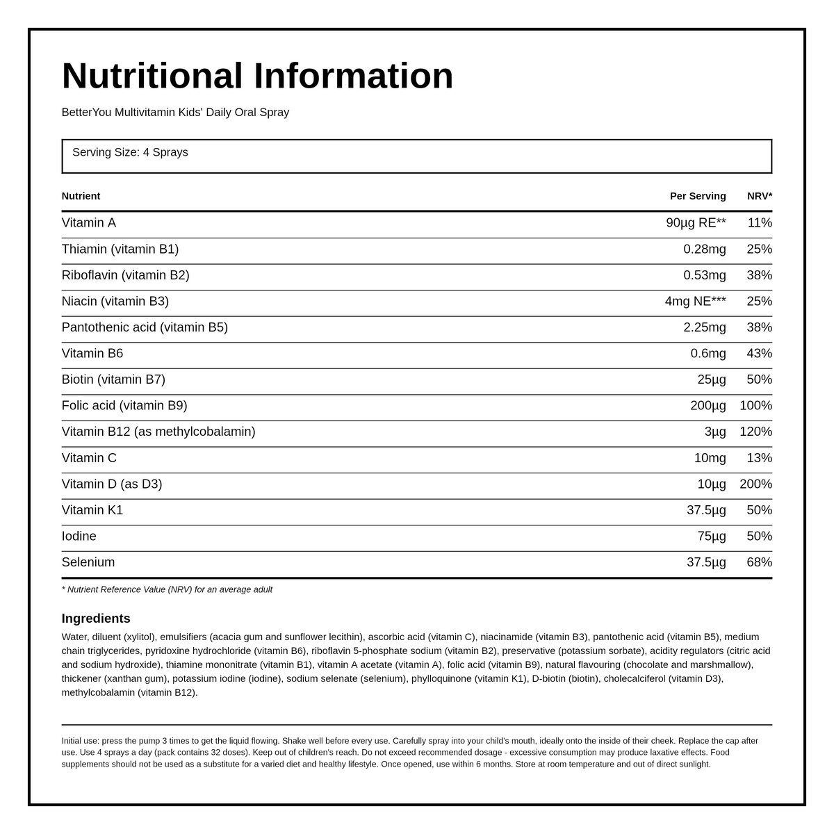 BetterYou Roald Dahl Kids Multivitamin Oral Spray — nutrition information panel, generated from the pack