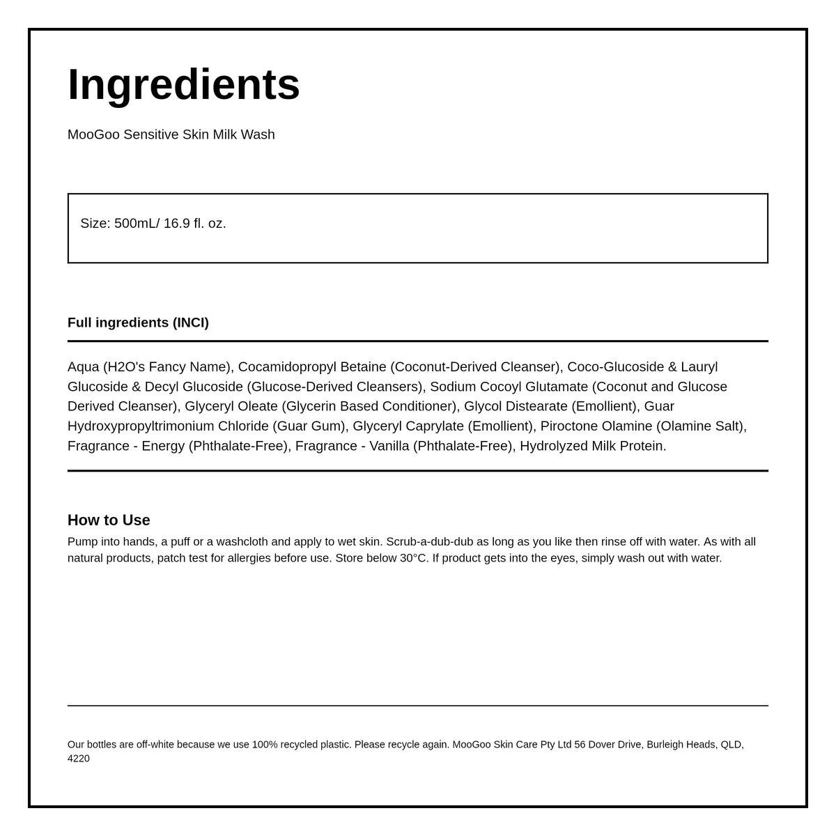 MooGoo Natural Milk Wash — ingredients (INCI) panel, generated from the pack