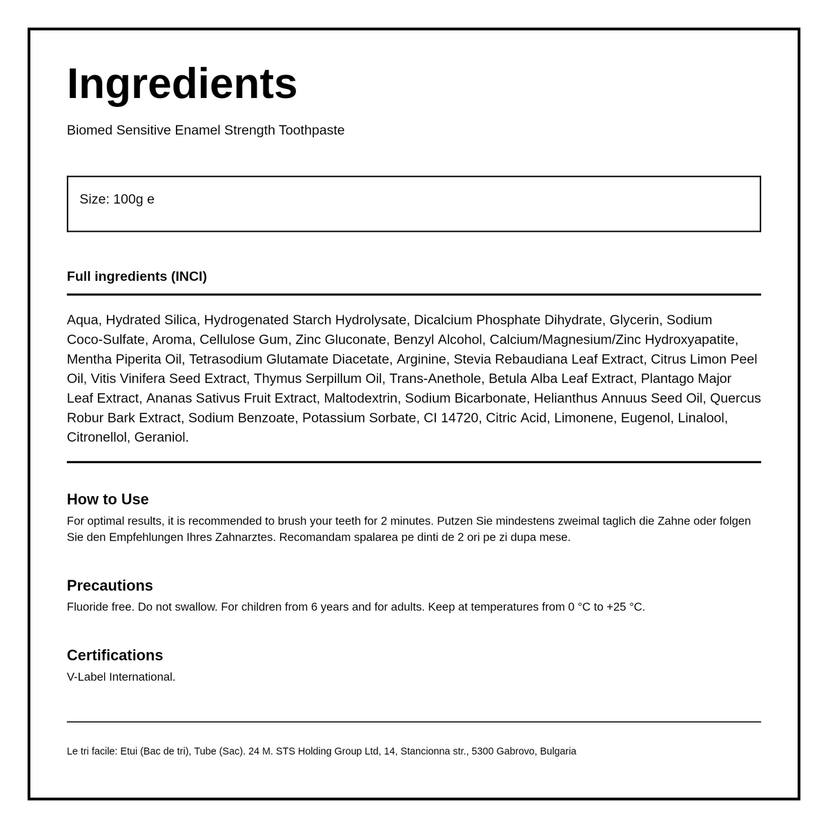 Splat Biomed Sensitive Enamel Strength Toothpaste — ingredients (INCI) panel, generated from the pack