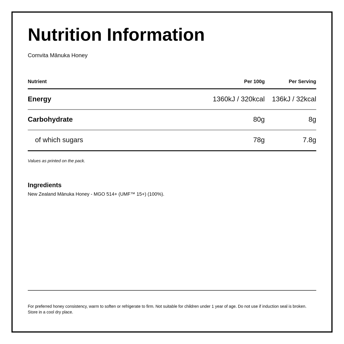 Comvita UMF 15+ Active Manuka Honey — nutrition information panel, generated from the pack
