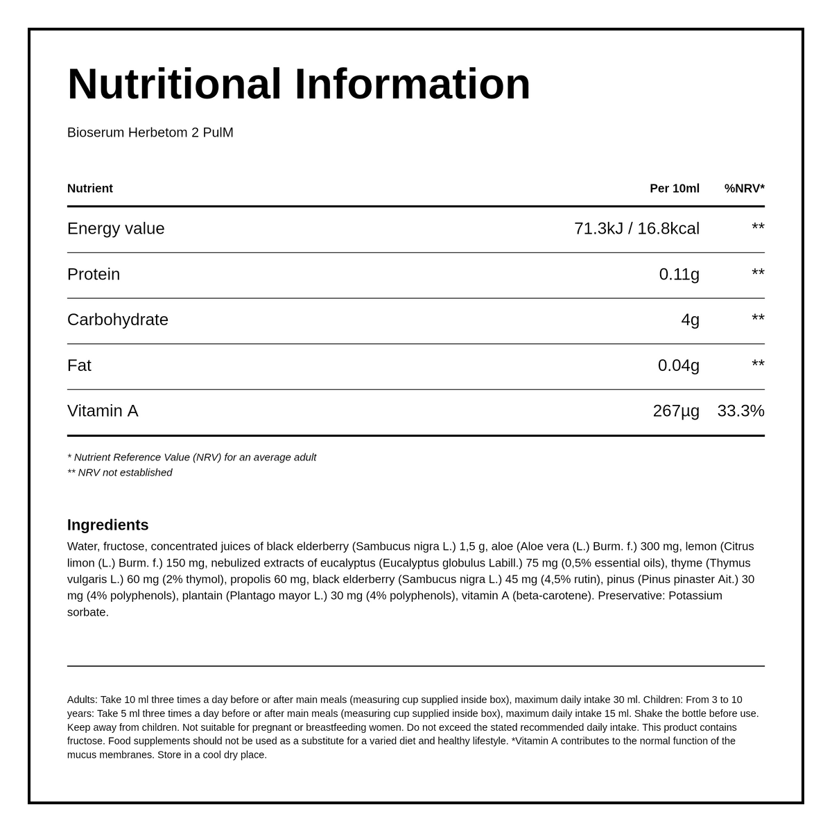 Bioserum Herbetom-2 Pulm — nutrition information panel, generated from the pack