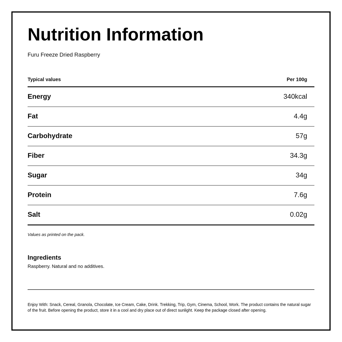 Furu Raspberry — nutrition information panel, generated from the pack
