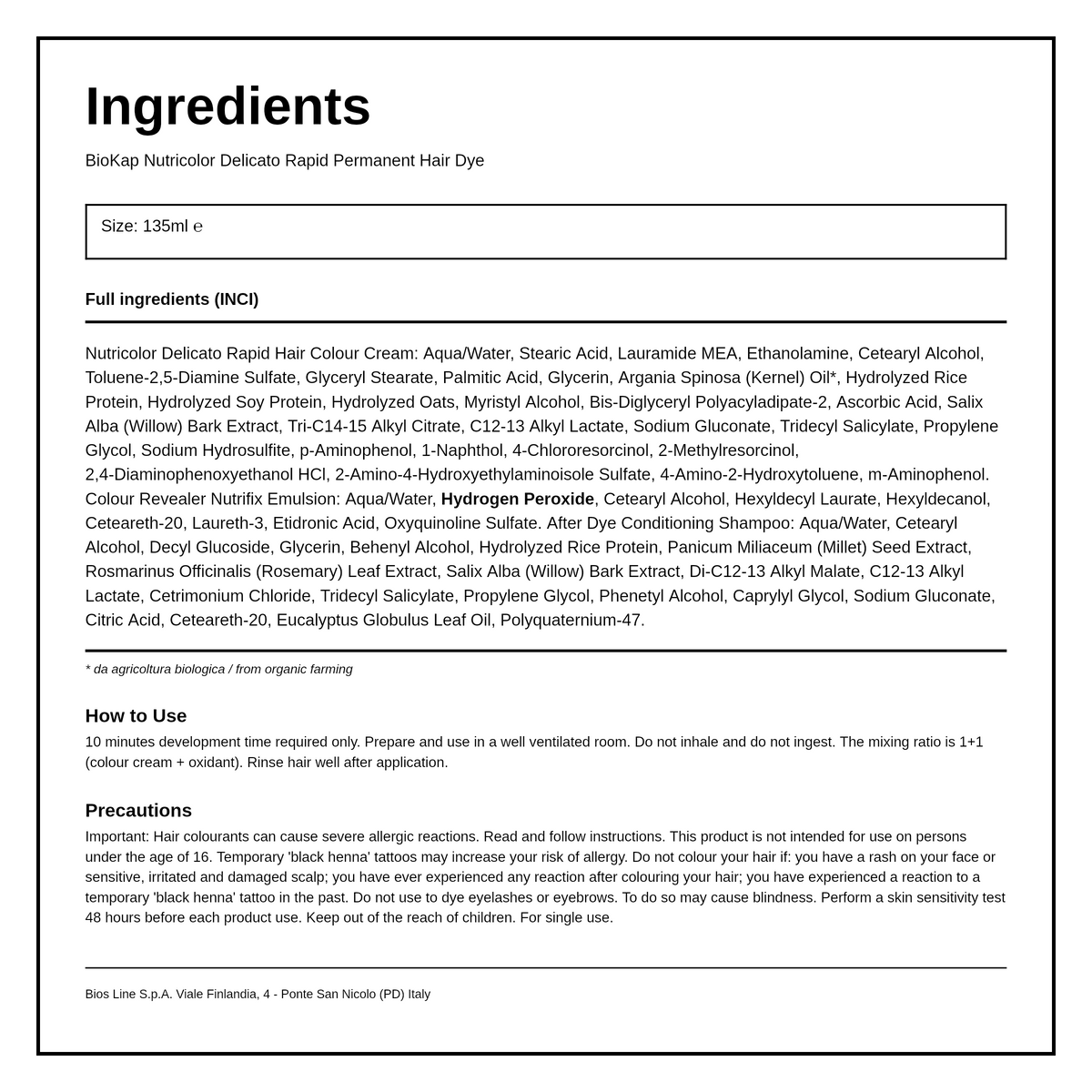 BioKap Natural Light Chestnut 5.0 Rapid Permanent Hair Dye — ingredients (INCI) panel, generated from the pack