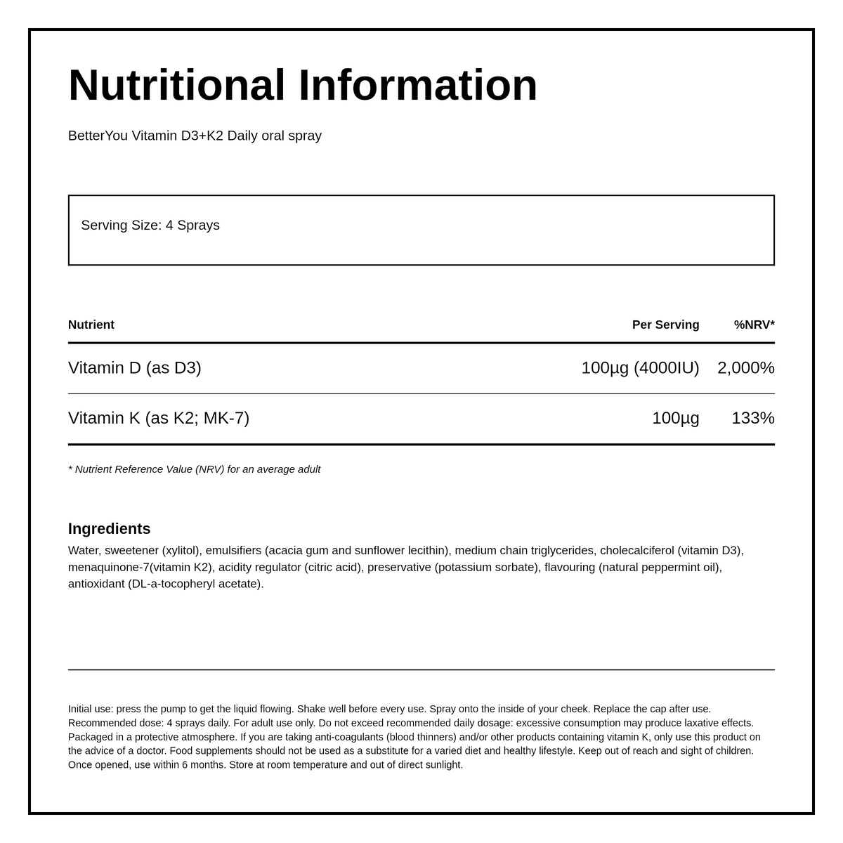 BetterYou BetterYou D3 4000iu + K2 — nutrition information panel, generated from the pack