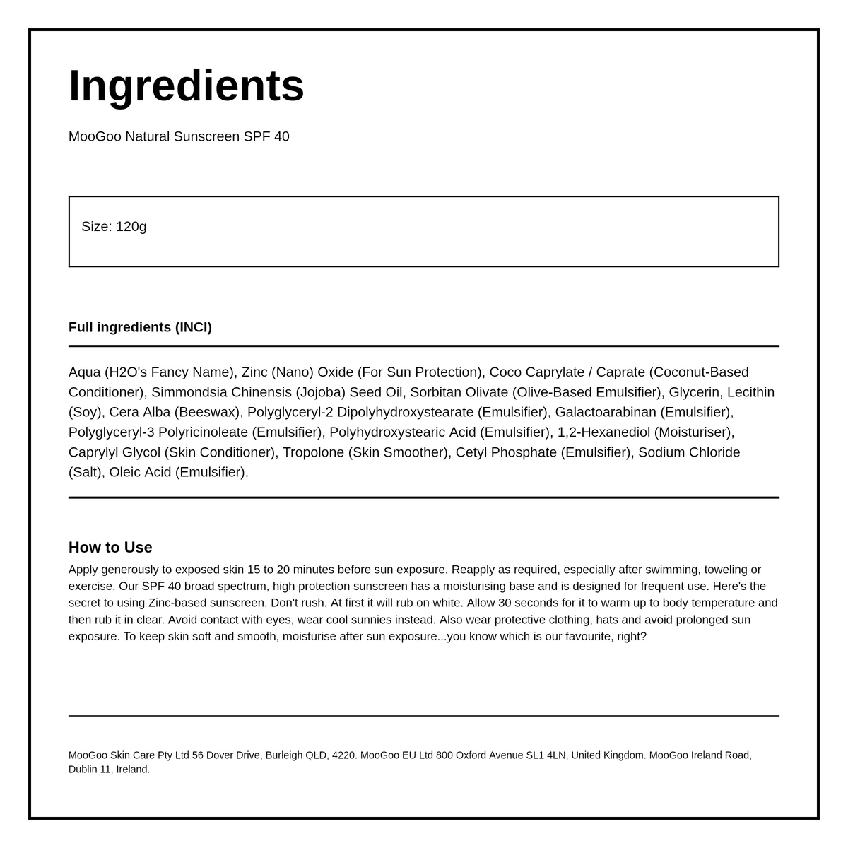 MooGoo Natural Sunscreen SPF 40 120g — ingredients (INCI) panel, generated from the pack