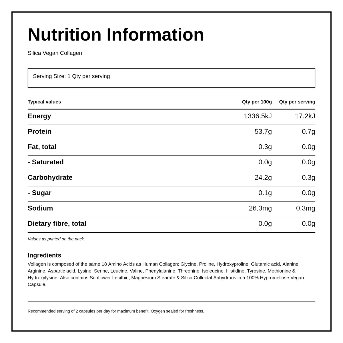QSilica Vegan Collagen 60 vcaps — nutrition information panel, generated from the pack