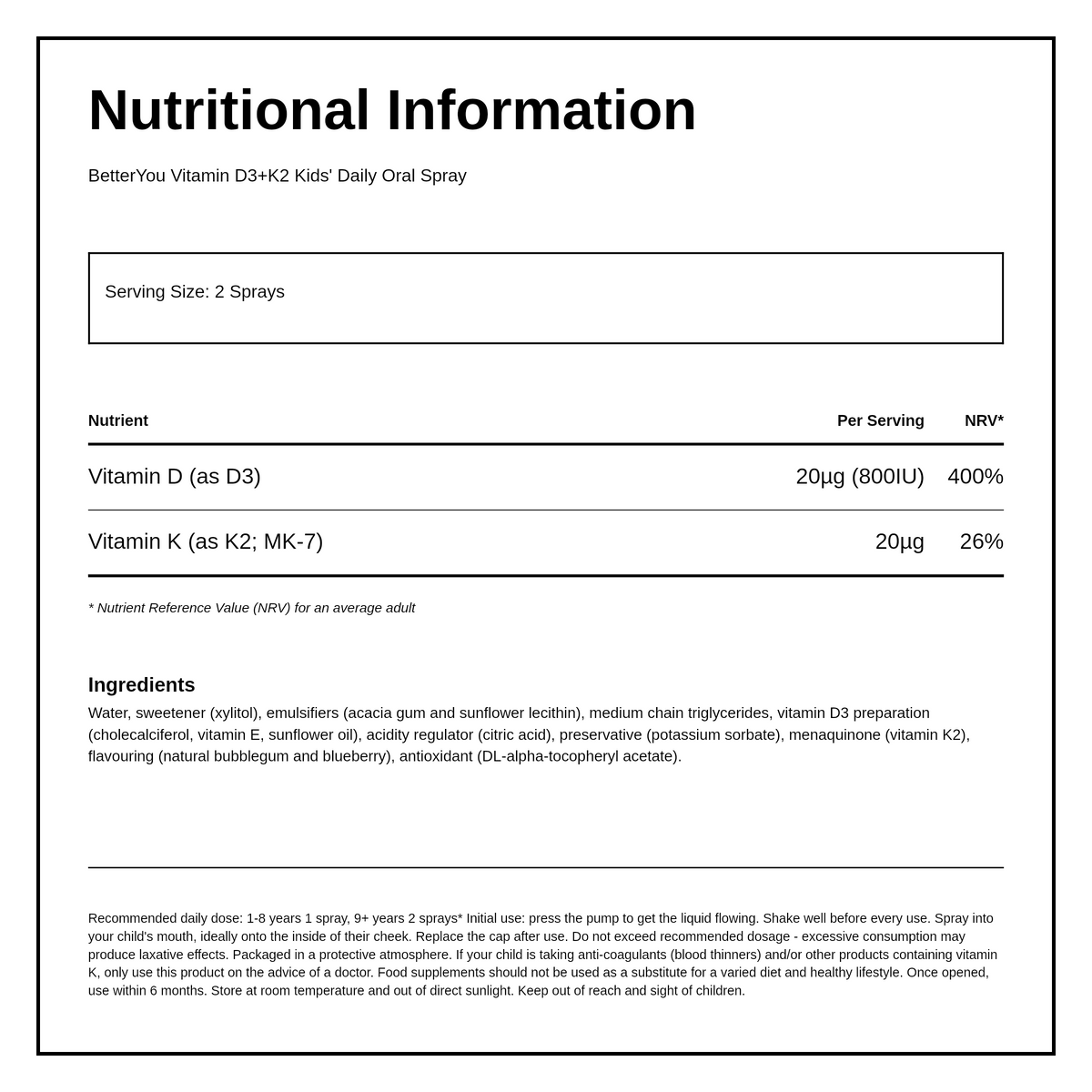 BetterYou Vitamin D + K2 Kids Daily Oral Spray — nutrition information panel, generated from the pack