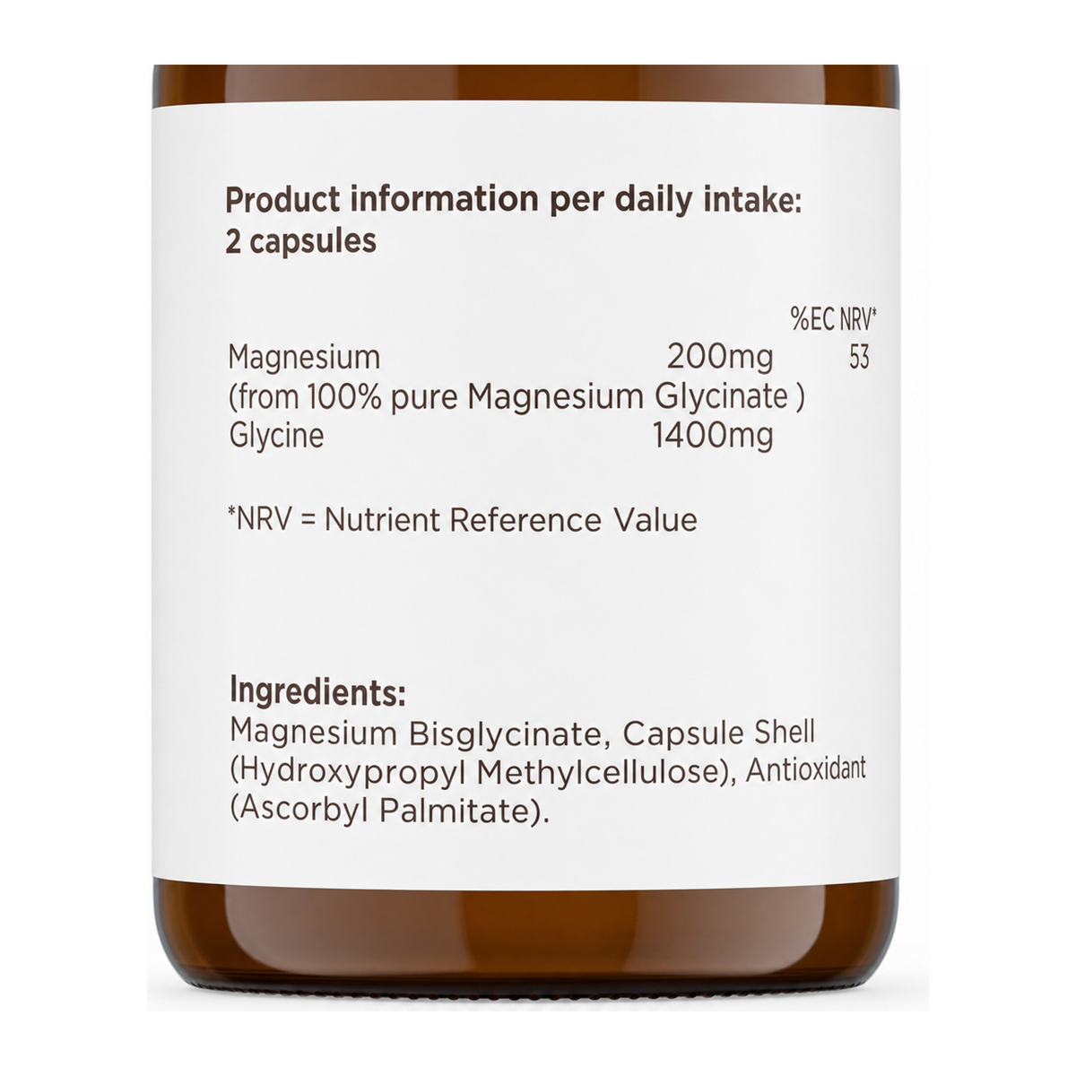 Biocare Magnesium Glycinate 60 Capsule by BioCare Vitamin & Mineral Supplements — nutrition facts side panel, studio product photo on white background