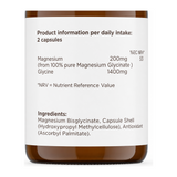 Biocare Magnesium Glycinate 60 Capsule by BioCare Vitamin & Mineral Supplements — nutrition facts side panel, studio product photo on white background