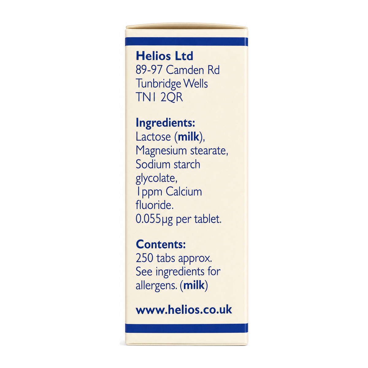 Helios Tissue Salts No 1 Calc Fluor by Helios Natural Remedies — ingredients side panel, studio product photo on white background