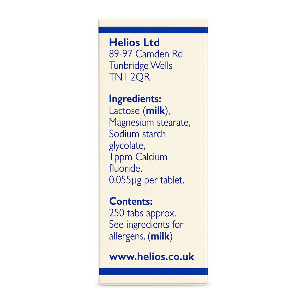 Helios Tissue Salts No 1 Calc Fluor by Helios Natural Remedies — ingredients side panel, studio product photo on white background