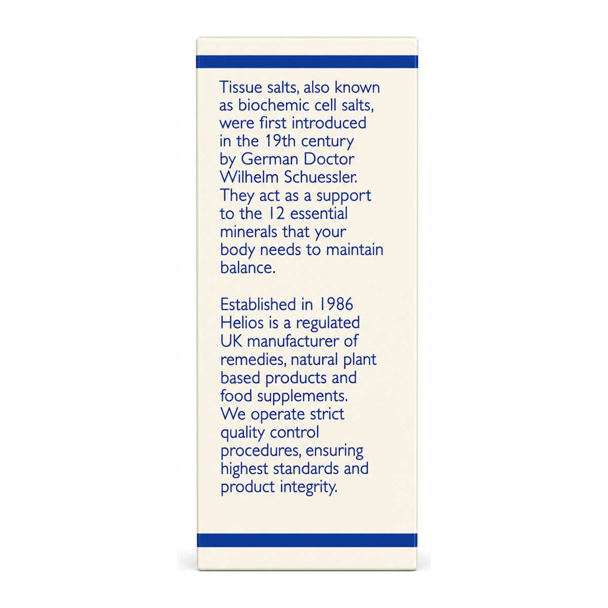Helios Tissue Salts No 1 Calc Fluor by Helios Natural Remedies — back view showing ingredients and product details, studio product photo on white background