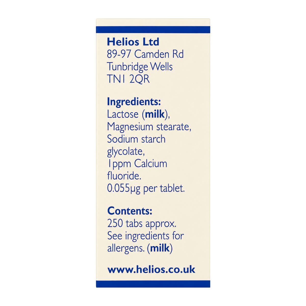Helios Tissue Salts No 1 Calc Fluor by Helios Natural Remedies — ingredients side panel, studio product photo on white background