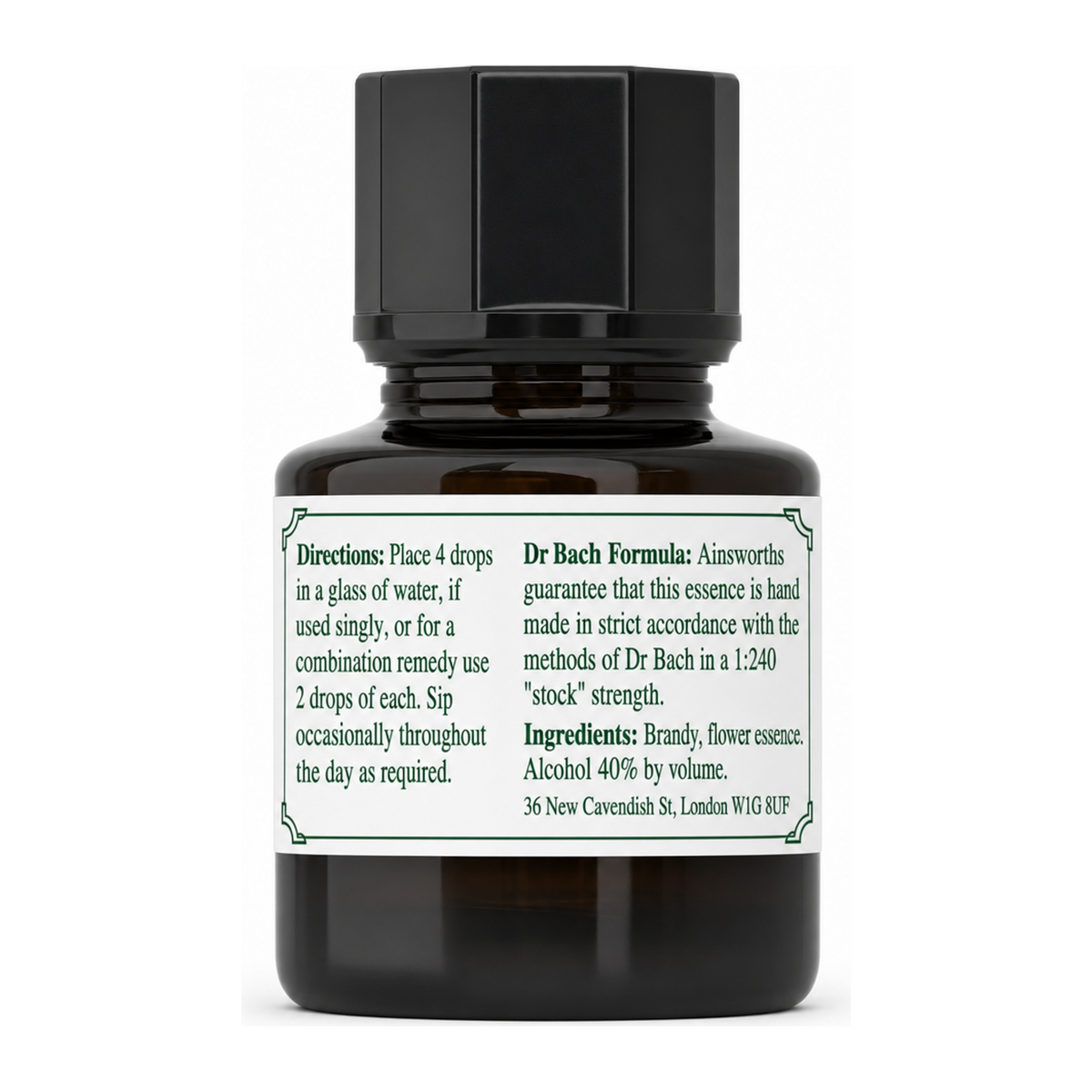 Dr Bach Chestnut Bud Bach Flower Remedy by Ainsworths Natural Remedies — back view showing ingredients and product details, studio product photo on white background