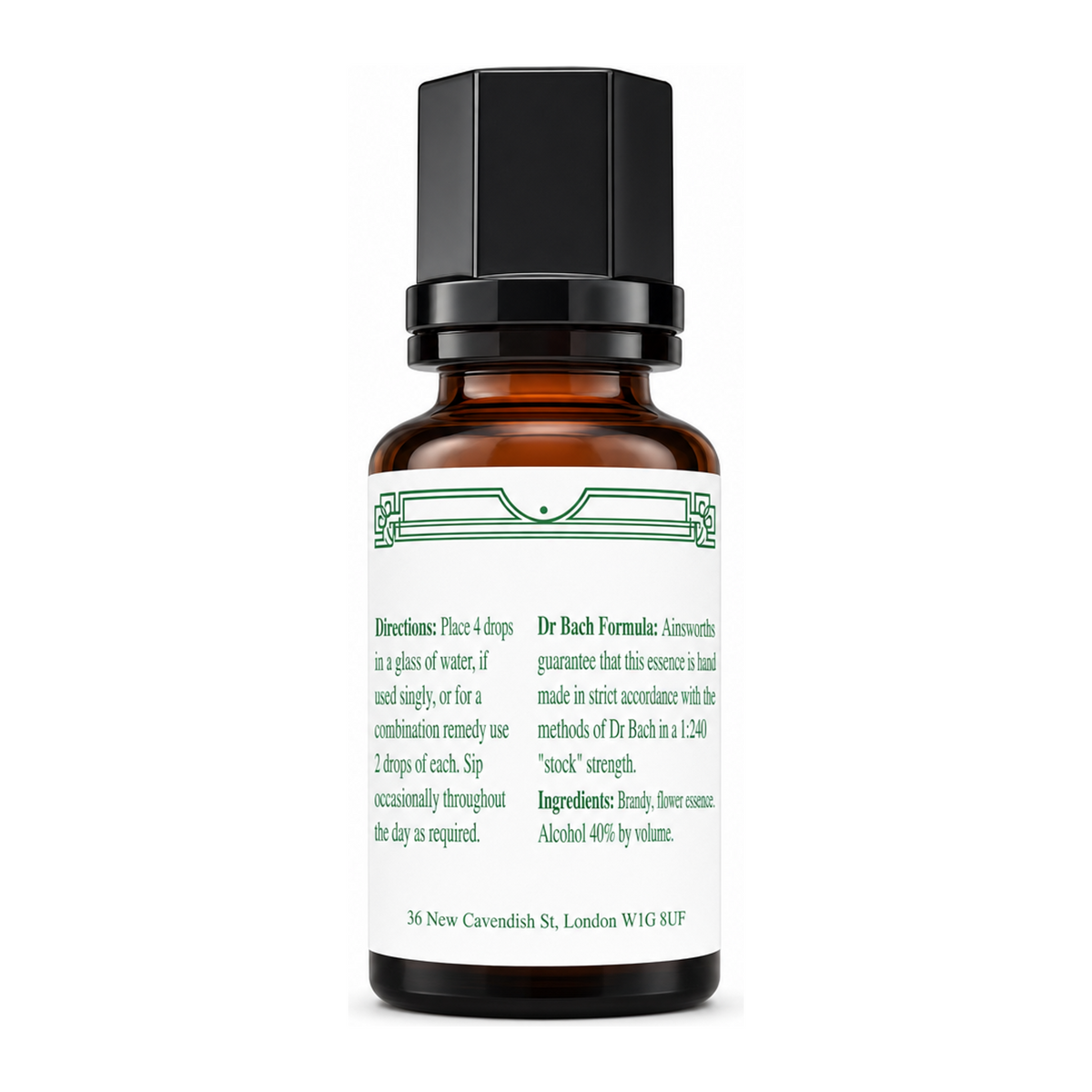 Dr. Bach Scleranthus Bach Flower Remedy by Ainsworths Natural Remedies — back view showing ingredients and product details, studio product photo on white background