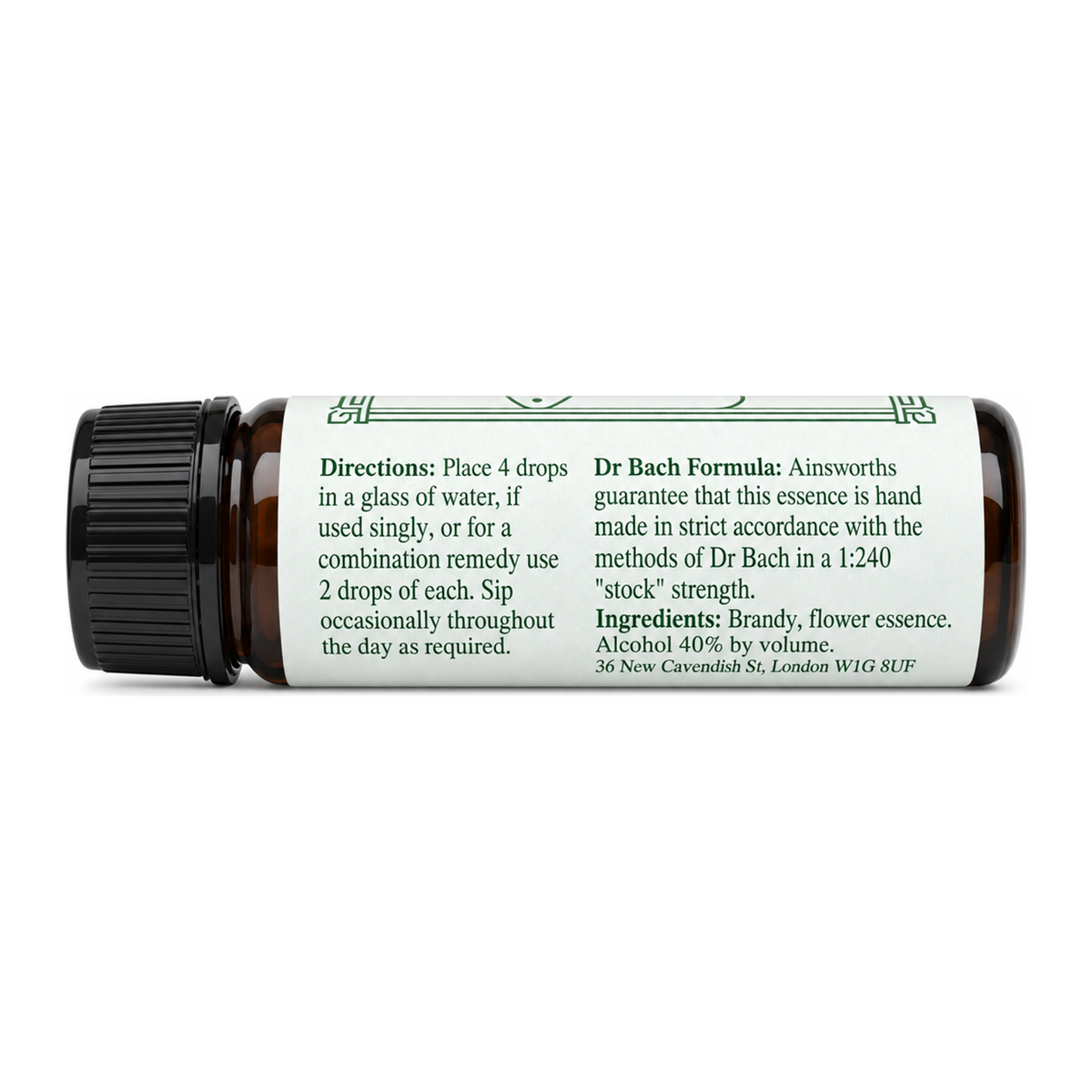 Dr Bach Mimulus Bach Flower Remedy by Ainsworths Natural Remedies — back view showing ingredients and product details, studio product photo on white background