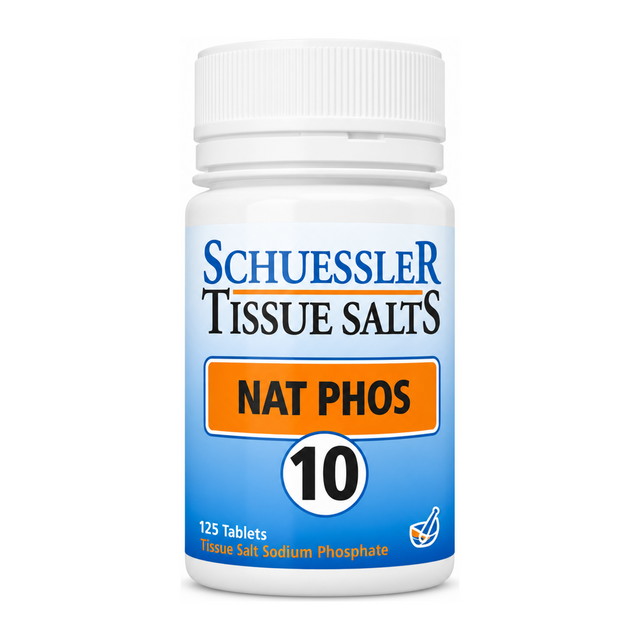Schuessler No 10 Nat Phos Tissue Salts 125 Tabs by Schuessler Natural Remedies — front view showing product label and branding, studio product photo on white background