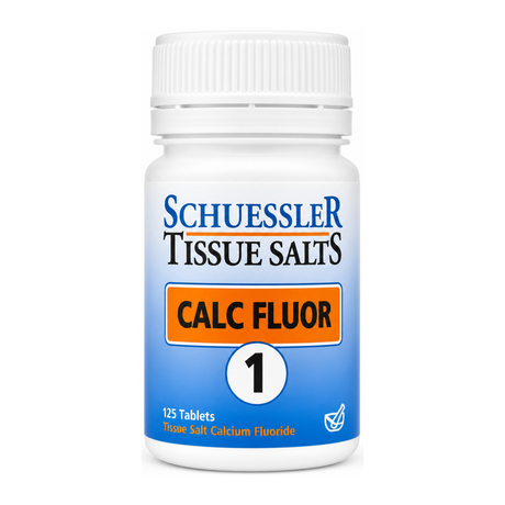Schuessler No 1 Calc Fluor Tissue Salts 125 Tabs by Schuessler Natural Remedies — front view showing product label and branding, studio product photo on white background