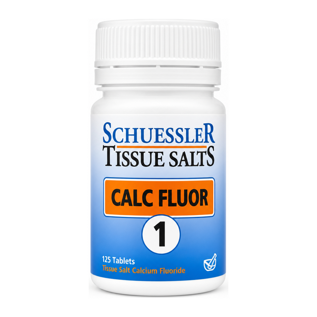 Schuessler No 1 Calc Fluor Tissue Salts 125 Tabs by Schuessler Natural Remedies — front view showing product label and branding, studio product photo on white background