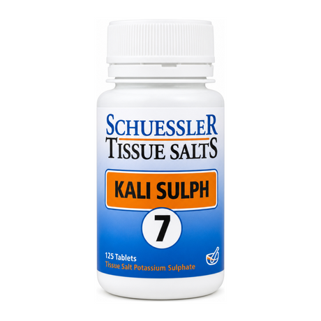 Schuessler No 7 Kali Sulph Tissue Salts 125 Tabs by Schuessler Natural Remedies — front view showing product label and branding, studio product photo on white background