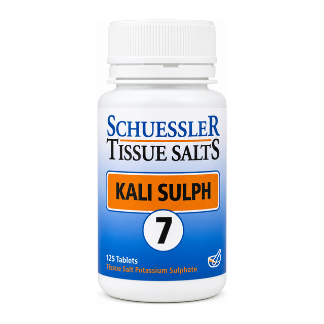 Schuessler No 7 Kali Sulph Tissue Salts 125 Tabs by Schuessler Natural Remedies — front view showing product label and branding, studio product photo on white background