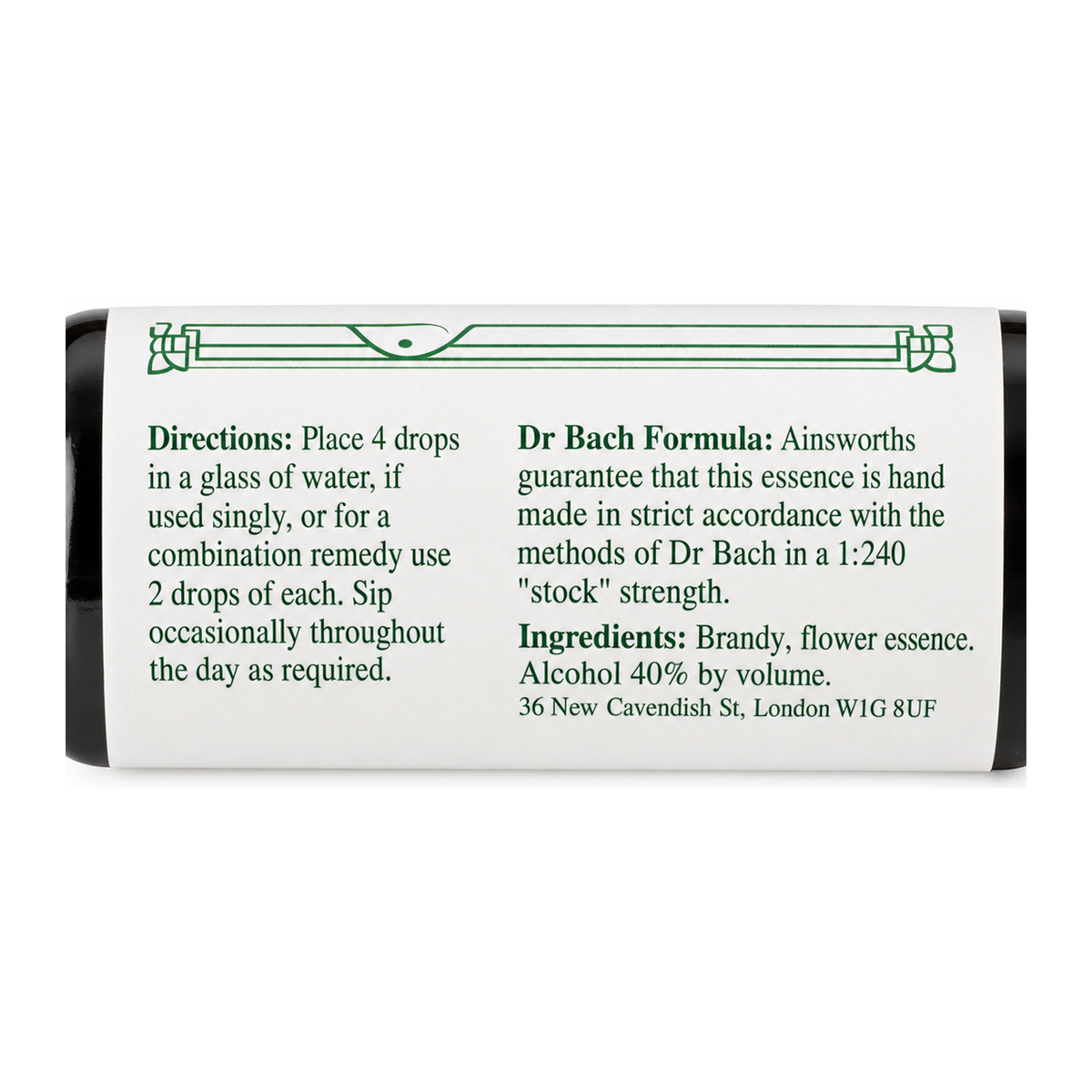 Dr Bach Larch Bach Flower Remedy by Ainsworths Natural Remedies — back view showing ingredients and product details, studio product photo on white background