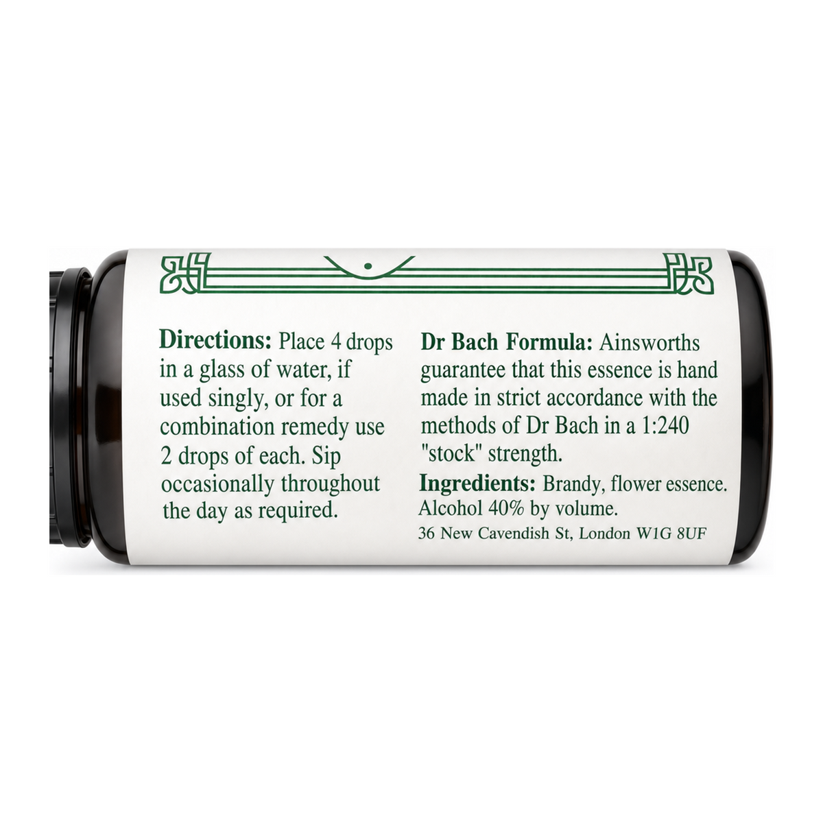Dr. Bach Gorse Bach Flower Remedy by Ainsworths Natural Remedies — back view showing ingredients and product details, studio product photo on white background
