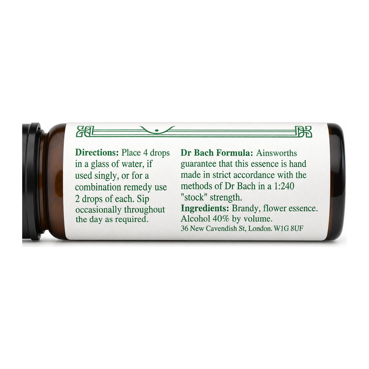 Dr Bach Rock Water Bach Flower Remedy by Ainsworths Natural Remedies — back view showing ingredients and product details, studio product photo on white background