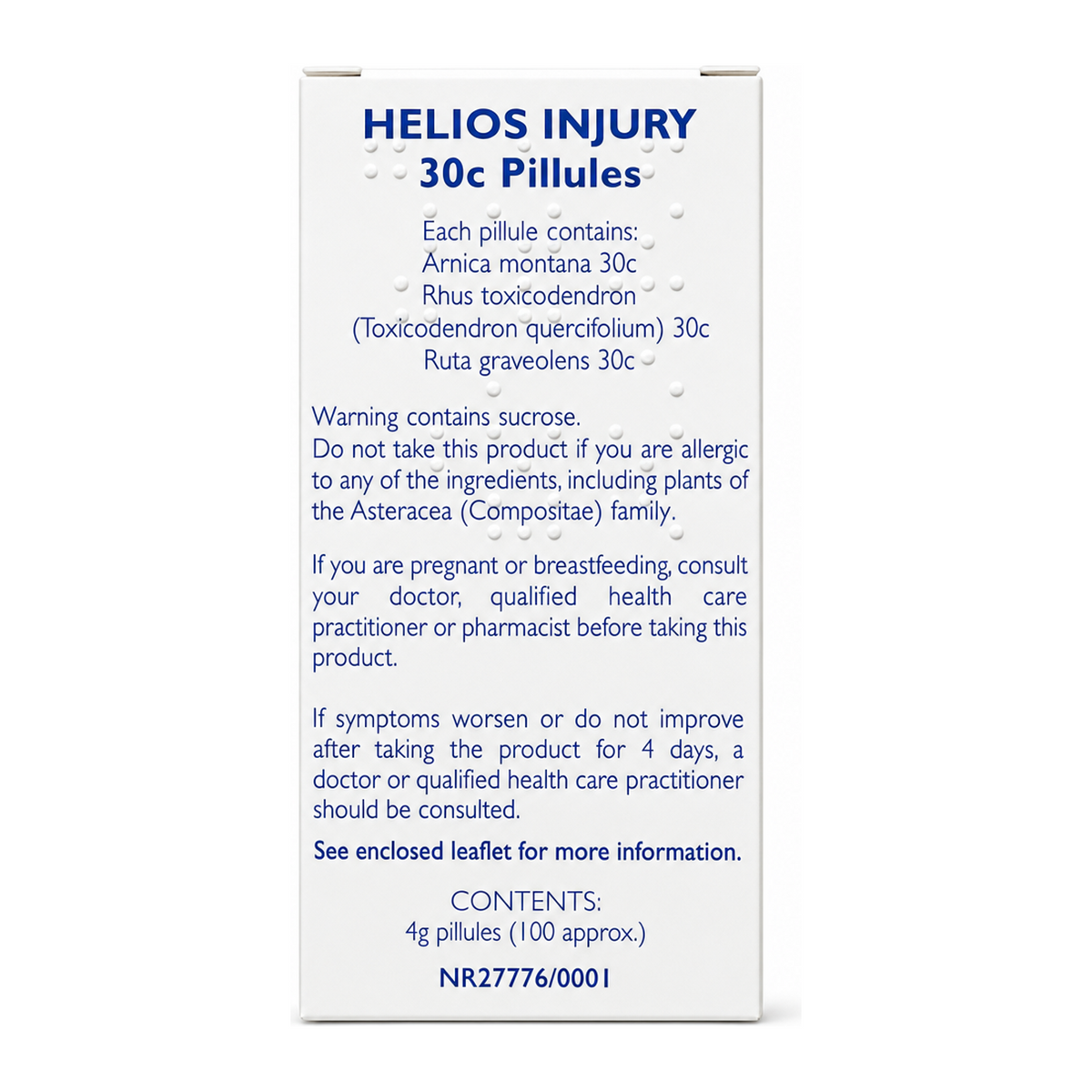Helios Injury 30C by Helios Natural Remedies — back view showing ingredients and product details, studio product photo on white background