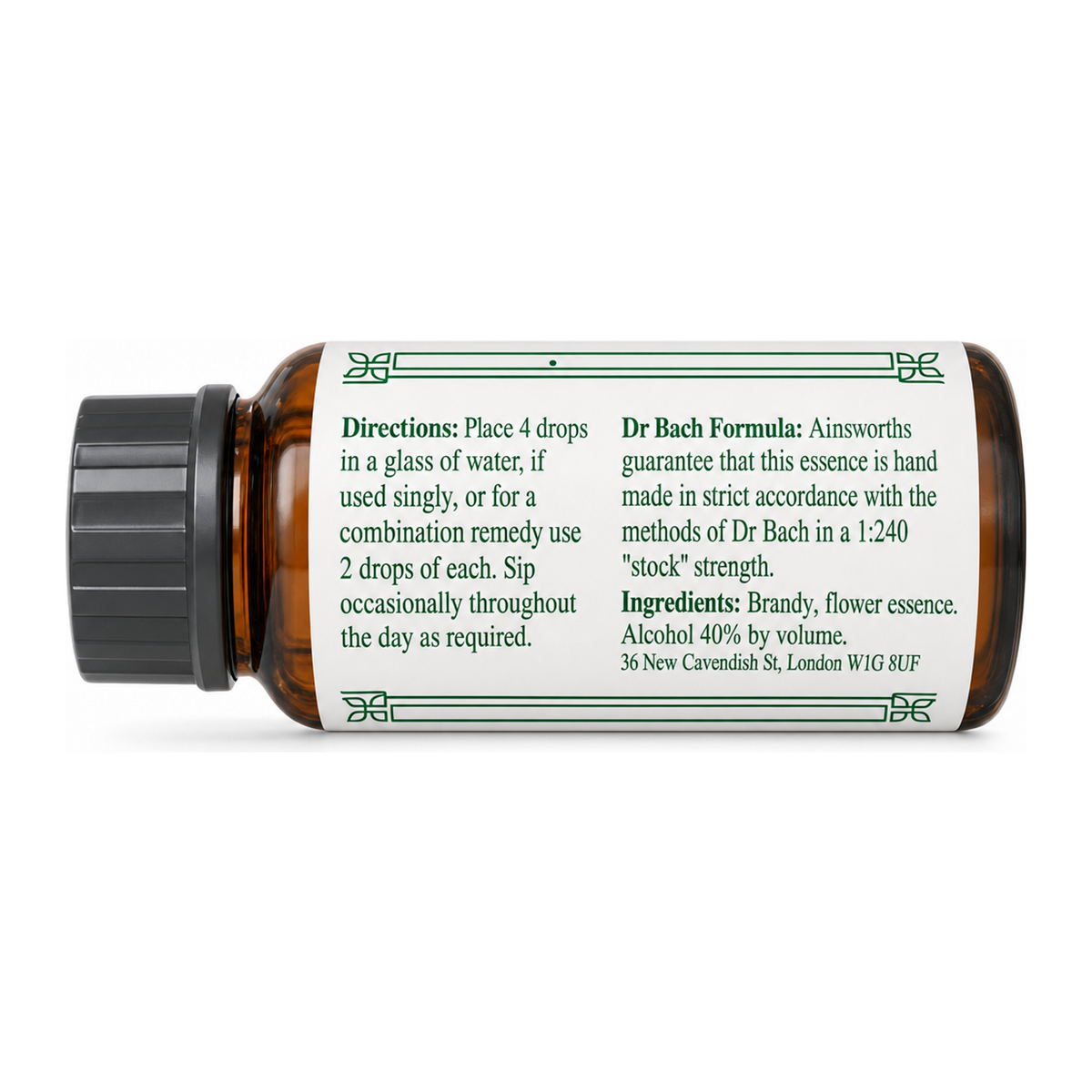 Dr Bach Oak Bach Flower Remedy by Ainsworths Natural Remedies — back view showing ingredients and product details, studio product photo on white background