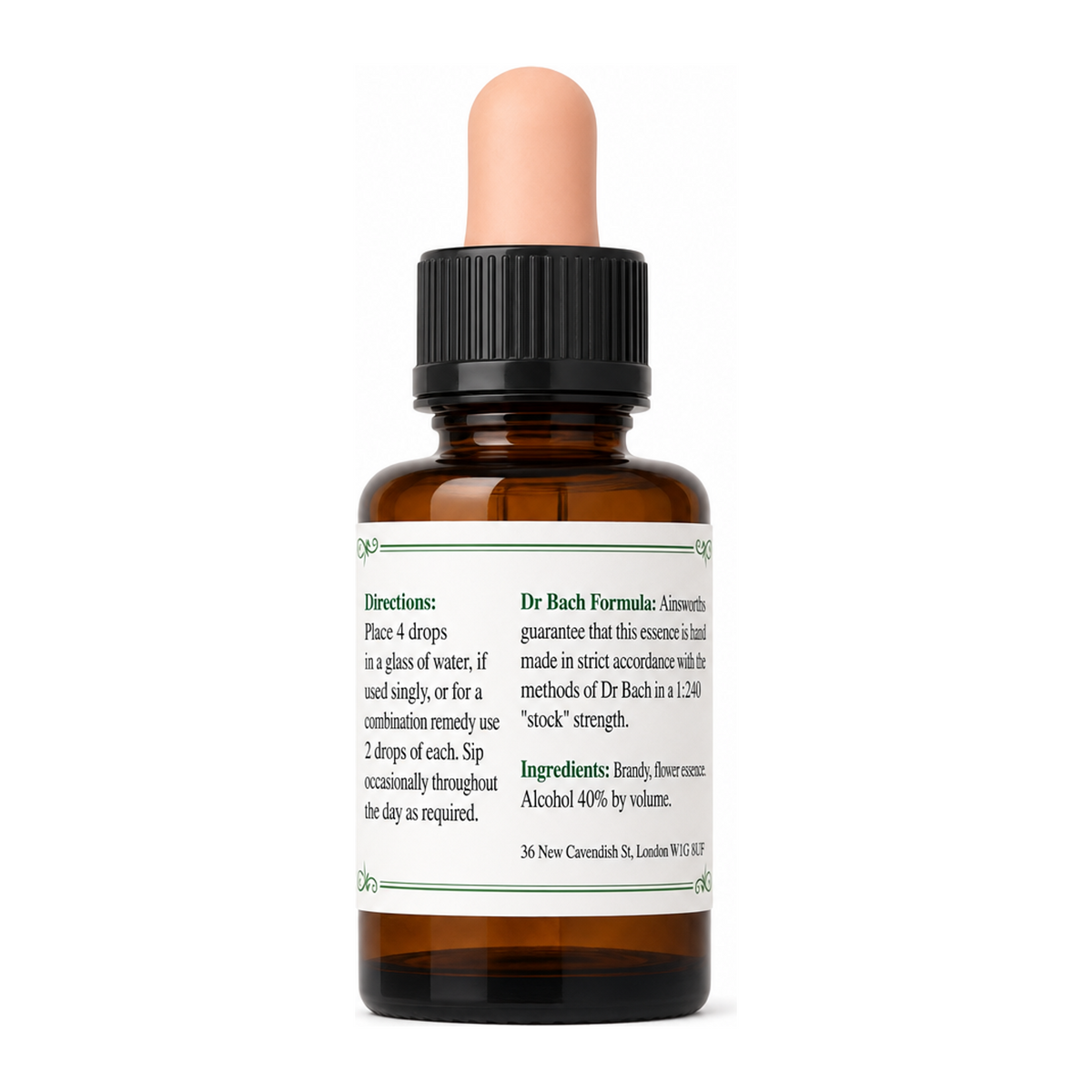 Dr. Bach Aspen Bach Flower Remedy by Ainsworths Natural Remedies — back view showing ingredients and product details, studio product photo on white background
