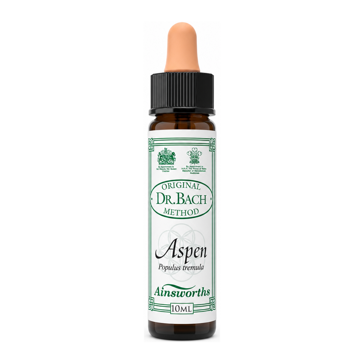 Dr. Bach Aspen Bach Flower Remedy by Ainsworths Natural Remedies — front view showing product label and branding, studio product photo on white background