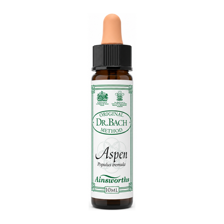 Dr. Bach Aspen Bach Flower Remedy by Ainsworths Natural Remedies — front view showing product label and branding, studio product photo on white background