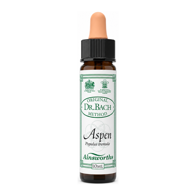 Dr. Bach Aspen Bach Flower Remedy by Ainsworths Natural Remedies — front view showing product label and branding, studio product photo on white background